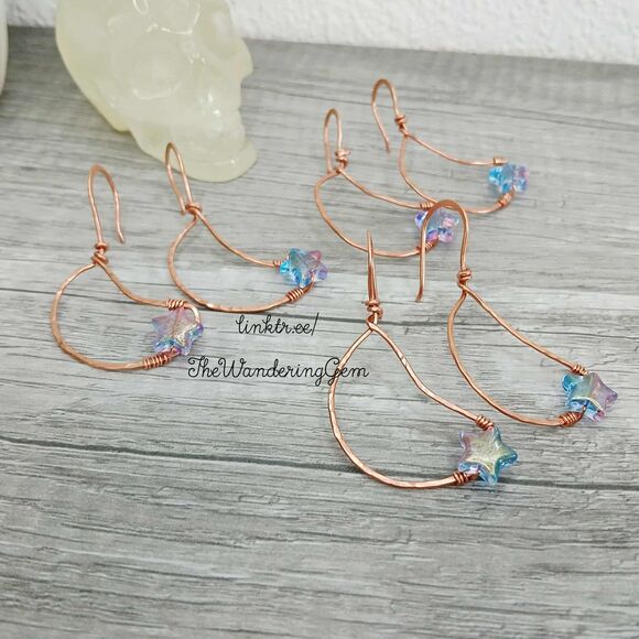 BOGO EARRINGS Upcycled Copper Star Beaded Crescent Moon Dangle Earrings, 2" - Picture 6 of 6